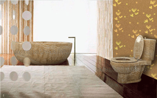 Entwurf eines Badezimmers mit Badewanne und Toilettenschüssel aus Naturstein